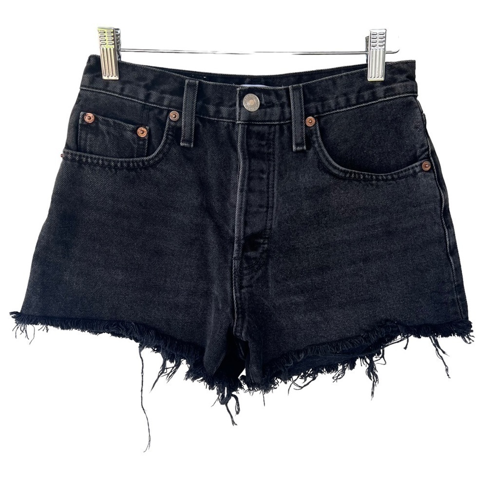 RE/DONE Originals High Rise Short Broken Black Button Fly Raw Hem Size 24 GUC